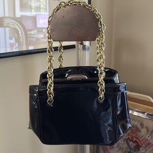 Vintage MEYERS Black Patent Leather Handbag with gold chain handles & clasp